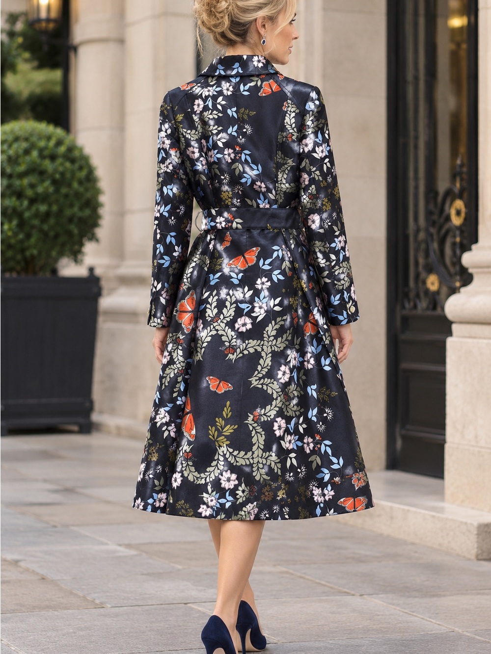Ted Baker Women's Navy Floral Trench Coat Size 3 Ted